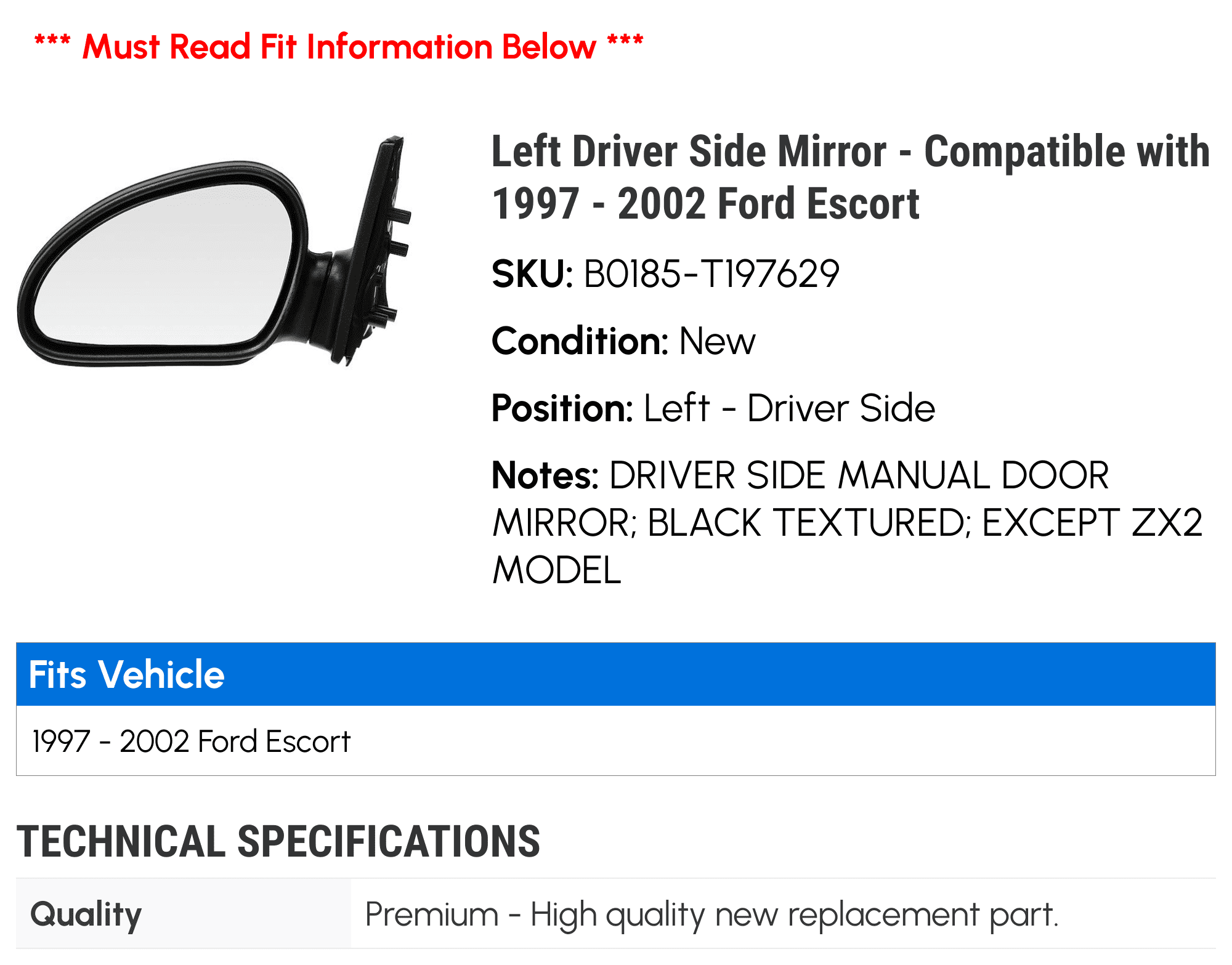 Left Driver Side Mirror - Compatible with 1997 - 2002 Ford Escort 1998 1999 2000 2001