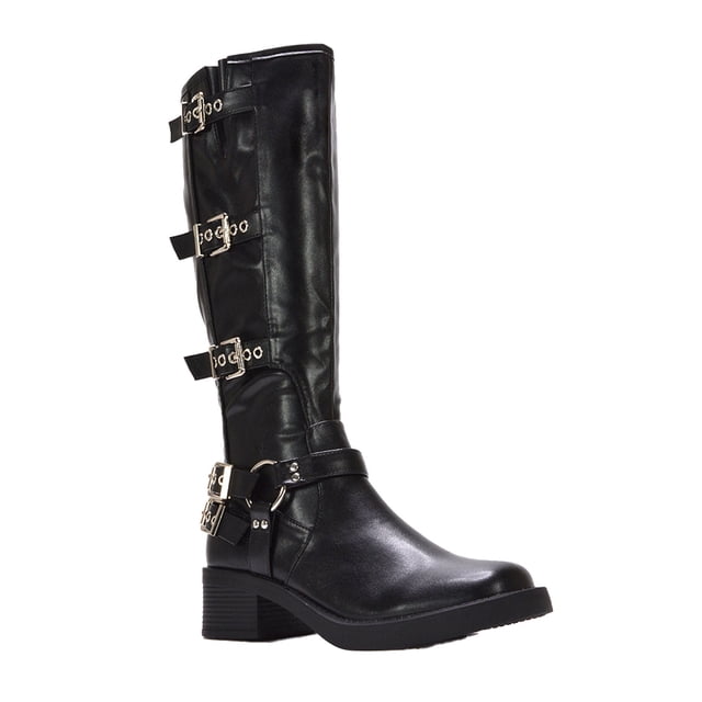 XY London Womens Cobra Square Toe Mid Block Heel Biker Boots