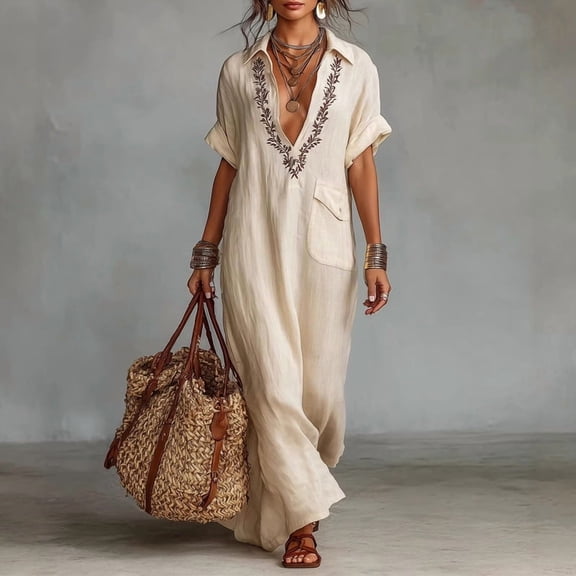 Morttic Women's Embroidered V-Neck Short Sleeve Maxi Dress – Solid Color with Pocket, Boho Summer Vacation Outfit Apricot,S