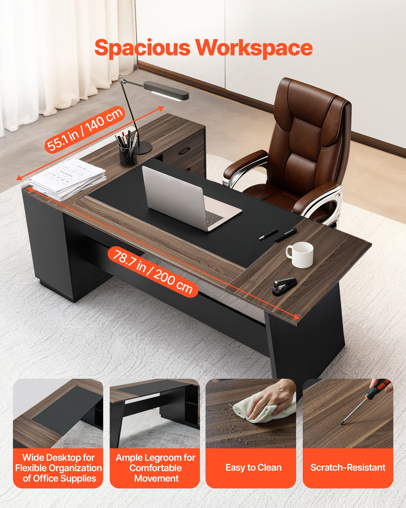 VEVOR L-Shaped Executive Desk, Large Modern Office Table with Drawers and Storage Cabinet, Heavy Duty Wooden Executive Table, 350 LBS Load Capacity, Easy Assembly, for Work Study Writing, Brown+Black