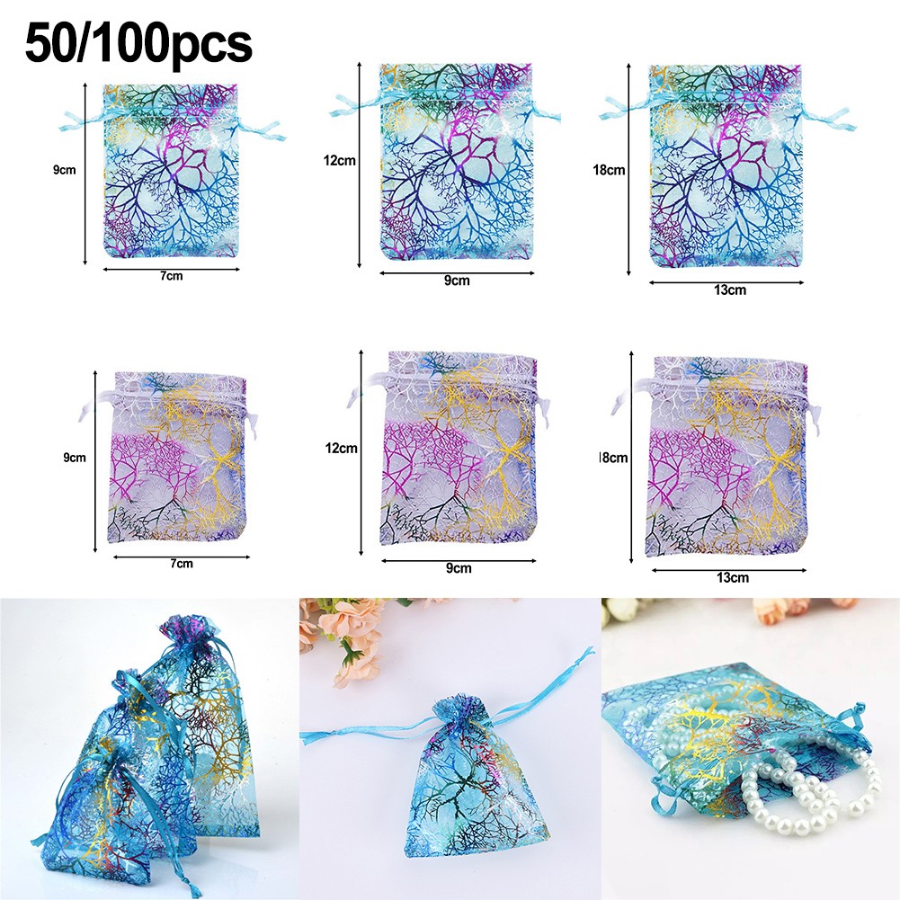 50/100 Pcs Sheer Coralline Organza Favor Gift Bags Jewelry Pouches ...