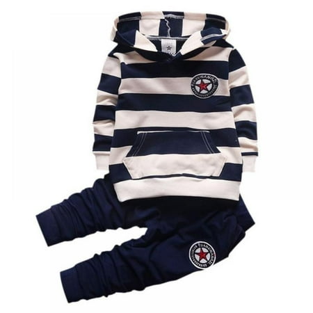 

PRAETER Children Printed Long-Sleeved Two-piece Suit Boys And Girls Cute Hooded Striped Sweater + Trousers Pants Suit