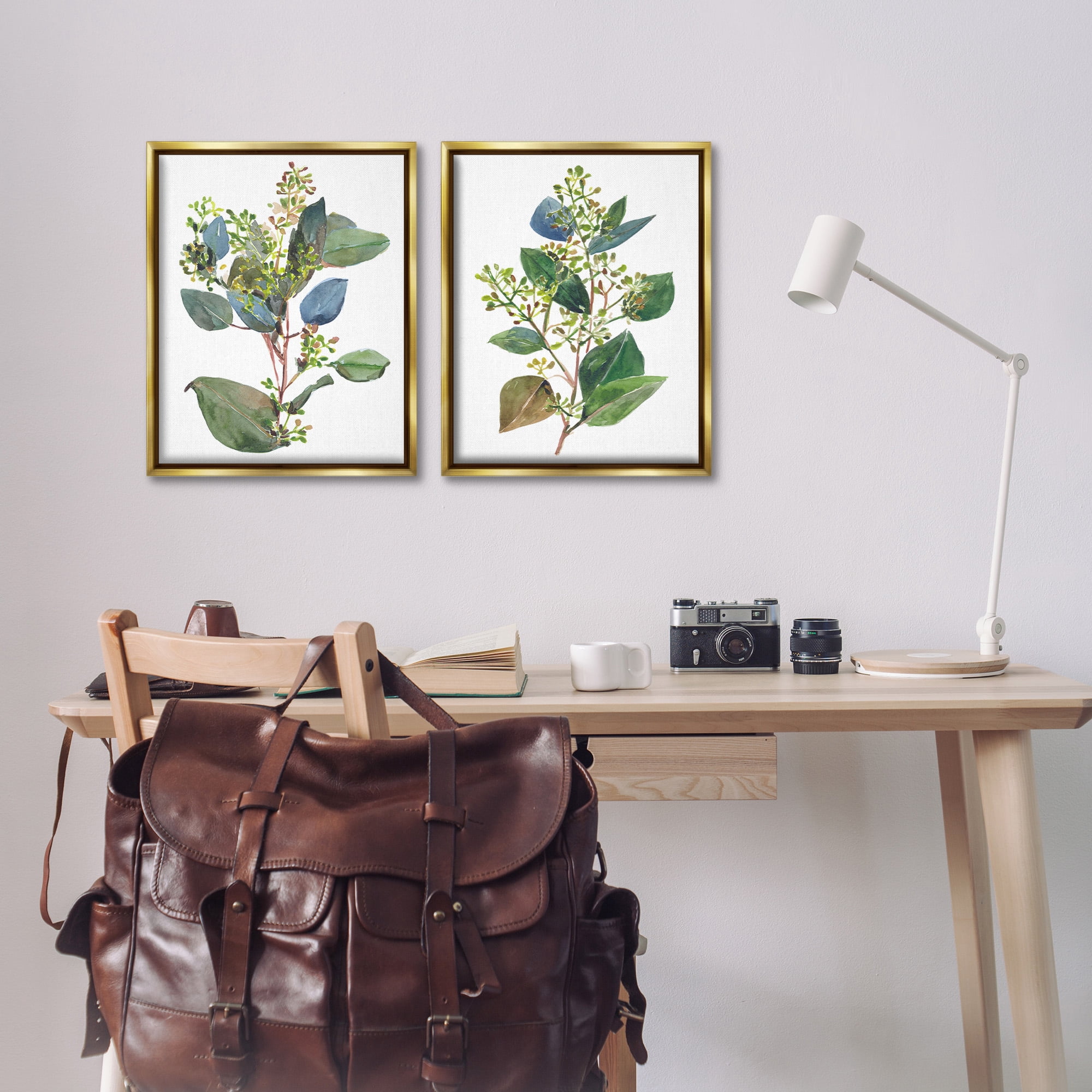 Stupell Industries Soft Eucalyptus Plant Ombre Leaves Botanical & Floral Painting Gold Floater Framed Canvas Art Print Wall Art, 17 x 21, Set of 2