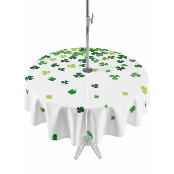 Outdoor Tablecloth with Umbrella Hole and Zipper, St. Patrick's Day Round Table Cloth 60 Inch Waterproof Tablecloth, Spring Lucky Shamrocks Rustic Leaves Picnic Table Cover for Patio Camping