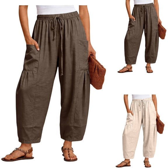 Only Moment Boho Style Linen Pants Women Wide Leg Pants Woman 2026 Summer Casual High Waisted Barrel Lounge Flowy Cropped Beach Work Trousers Brown,L