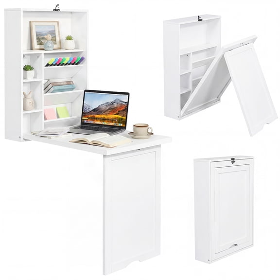 Topbuy Wall Mounted Desk Foldable Convertible Computer Desk with Storage Shelves Space Saving Wall Fold Out Table White