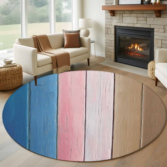 Round Rugs 5Ft, Blue Pink Brown Ombre Round Area Rug Washable Indoor Throw Carpet, Vintage Farmhouse Wooden Soft Non Slip Circle Rug for Cabinet Bathroom Home Decor Aesthetic