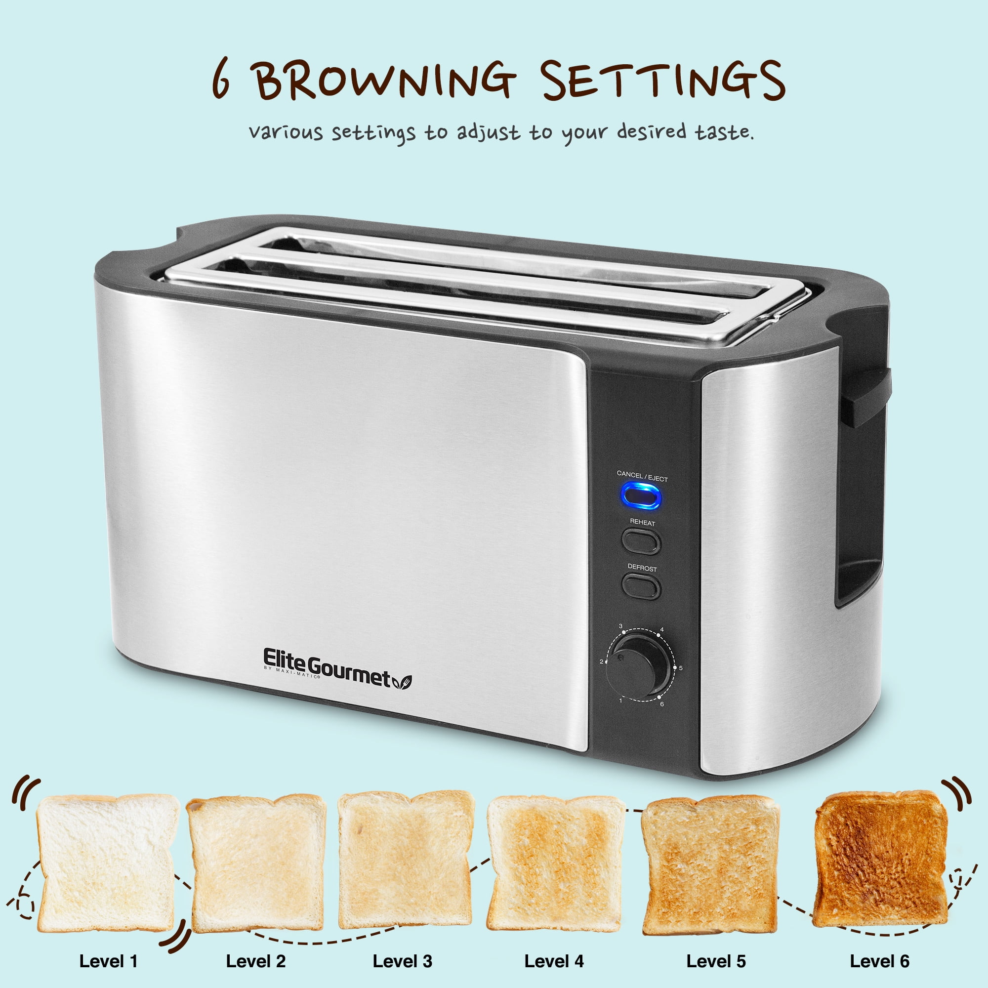 NEW VERSION Reheat STAINLESS STEEL Cancel and Defrost 6 Adjustable Toast Settings Croissants Elite Gourmet ECT-3100 Maxi-Matic 4 Slice Long Toaster with Extra Wide Slot for Bread and Buns 