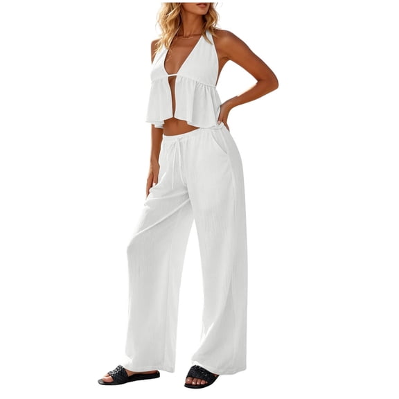 Guluxicc 2 Piece Women's Outfit Sets Halter V Neck Sleeveless Ruffle Hem Tops Front Cutout Wide Leg Pants Casual Outfits for Casual Wear