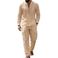 thumbnail image 2 of Miqool Mens 2 Piece Outfits Linen Stand Collar Long Sleeve Shirt Loose Workwear Pants Matching Set Casual Loungewear Tracksuit S‑3XL, 2 of 8