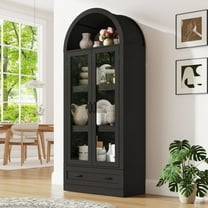 Blotout 75" Tall Arched Kitchen Pantry Storage Cabinet, Farmhouse Wood Pantry Arched Cabinet with Drawer, Glass Door and Adjustable Shelves for Dining Room Living Room