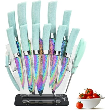Rainbow 15-Piece Knife Set with Acrylic Block – Stainless Steel Kitchen Knives, Chef, Carving, Bread, Steak Knives, Utility, Paring Knife, Shears & Sharpener – Non-Stick, Durable & Sharp – Ideal Gift