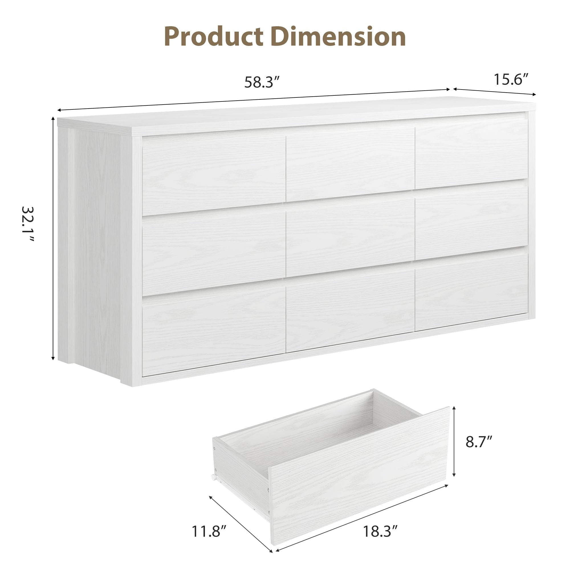 9 Drawer Dresser for Bedroom, Wide Chest of Drawers with Handleless Design, Large Wood Storage Organizer for Living Room Hallway Entryway, White