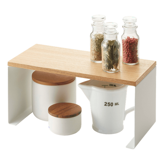 Yamazaki Home Stackable Countertop Shelf - Two Sizes, White, Steel Wood, Small, Stack up to two, Supports 8.8 pounds, Stackable, Minimal Assembly