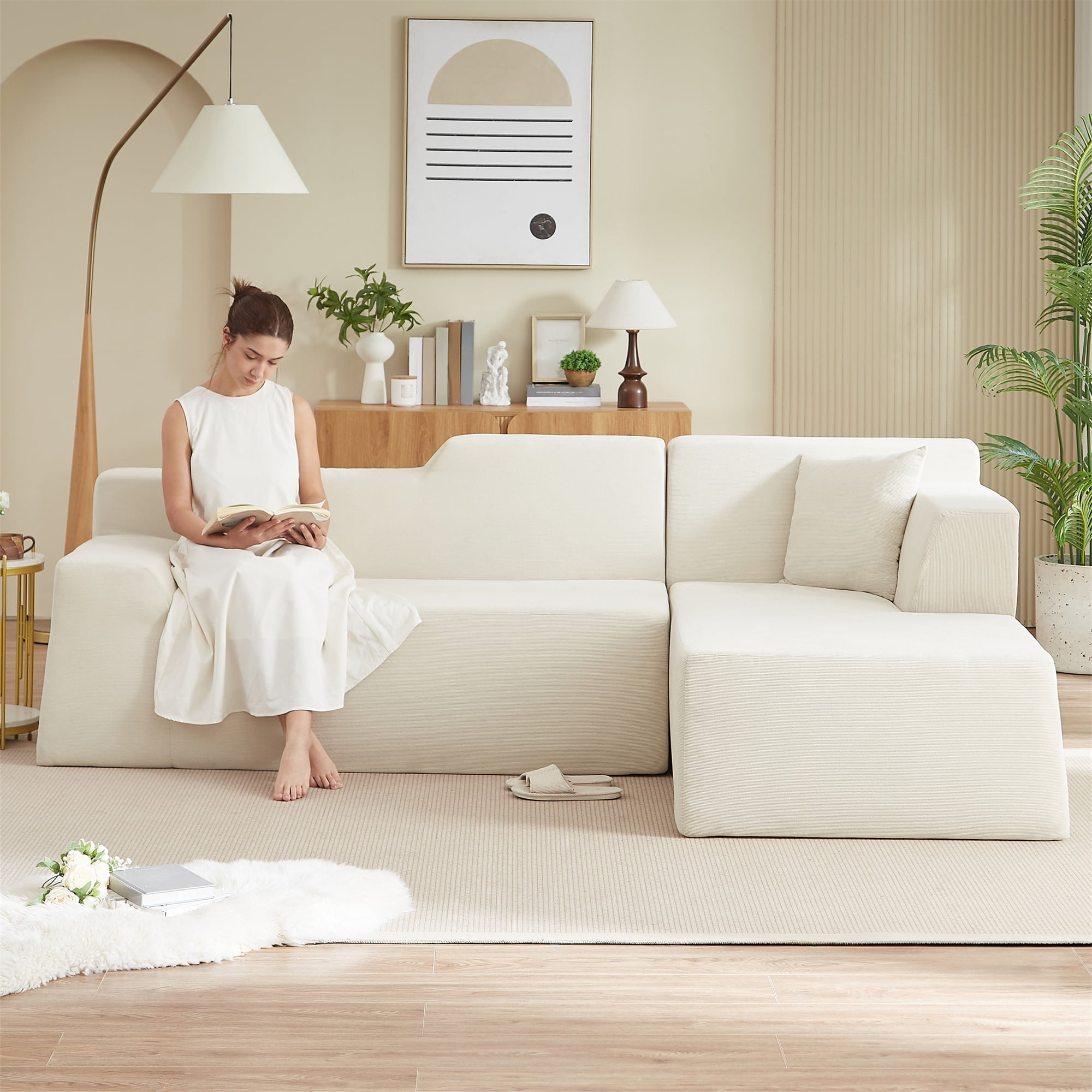 Aukfa 97" Cloud Sectional Sofa Trapezoid Boneless Couch Modular Sofa Bed for Living Room, Right Chaise, Beige