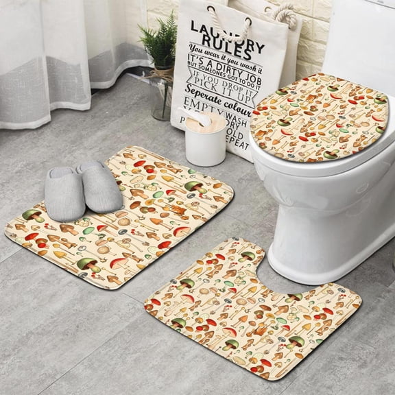Colorful Mushroom Assortment Beige Pattern Bathroom Rugs Sets 3 Piece,Toilet Cover Set,Absorbent Non Slip Bathroom Mats Sets with U-Shaped Contour Rug Toilet Rug Set