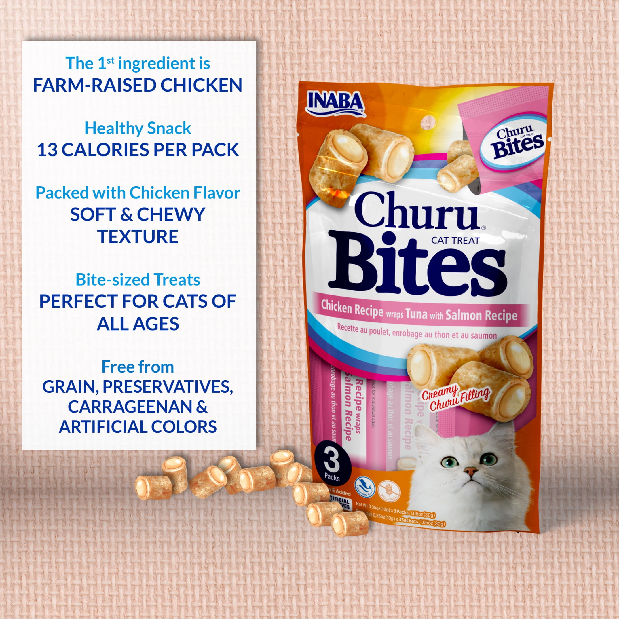 INABA Churu Bites for Cats, Grain-Free, Soft/Chewy Baked Chicken Wrapped Cat Treats with Savory Churu Centers, 0.35 Ounces Each Tube, 3 Tubes, Tuna Recipe