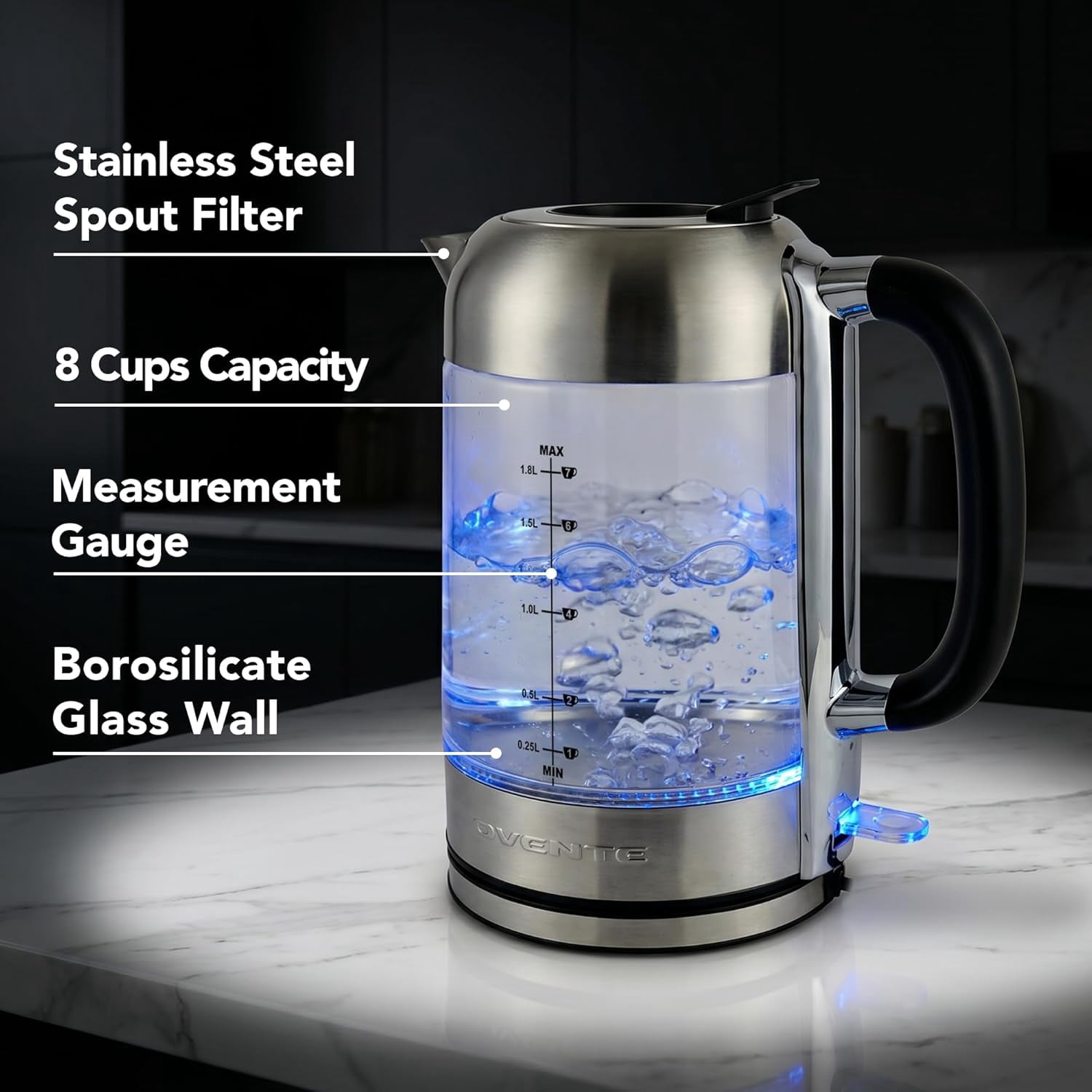 OVENTE Electric Kettle, 1500W No Plastic 1.8L Tea Kettle and Hot Water Boiler For Coffee or Tea, Easy to Fill Lid, Auto Shut-Off, Borosilicate Glass with Stainless Steel Filter, Silver KG71S