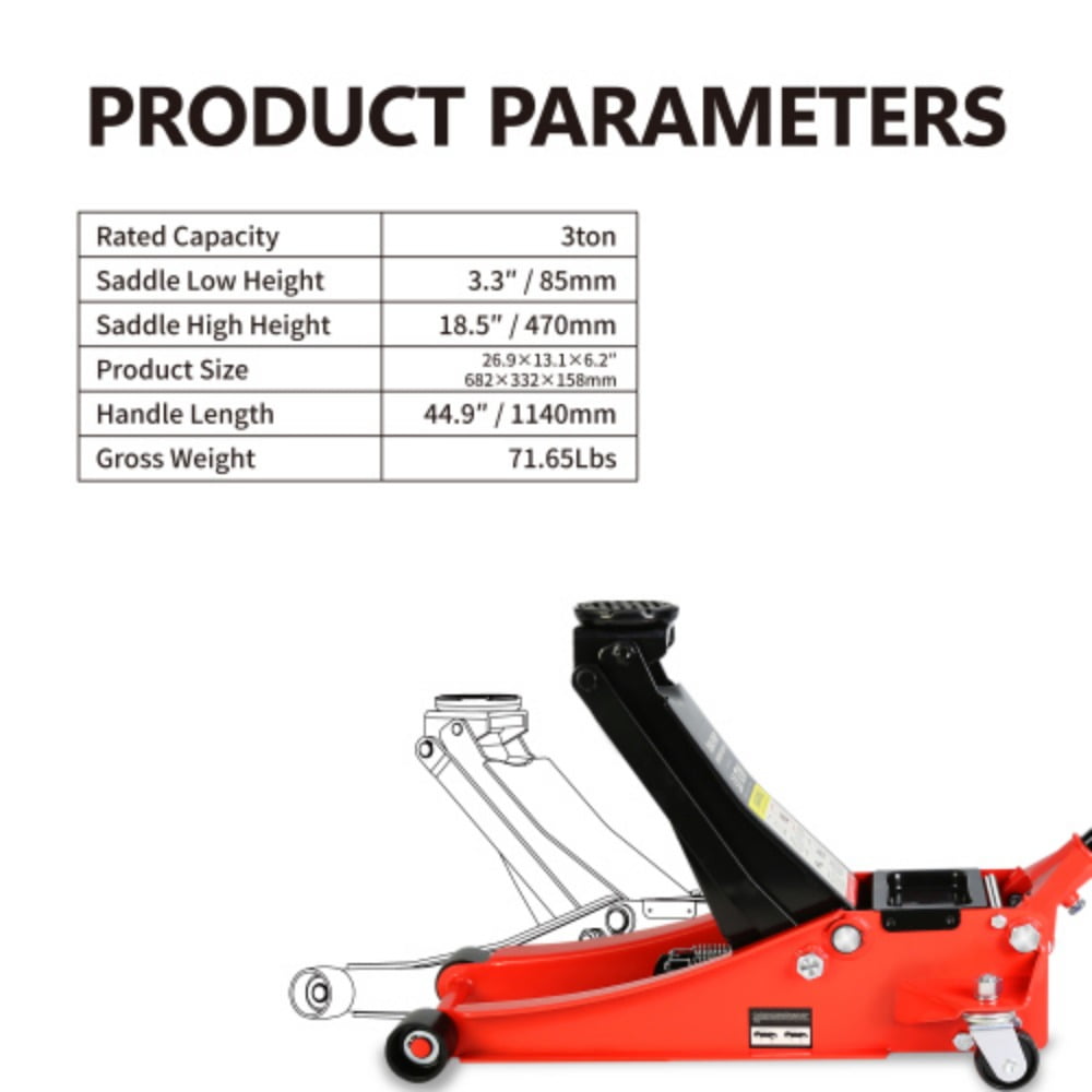 Hydraulic Low Profile and Steel Racing Floor Jack with Dual Piston Quick Lift Pump,3 Ton (6600 lb) Capacity, Lifting range 3.3