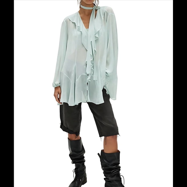 Cárdigan de Encaje con Volantes y Cuello en V para Mujer, Estilo Francés, con Bufanda, para y Verano Verde M