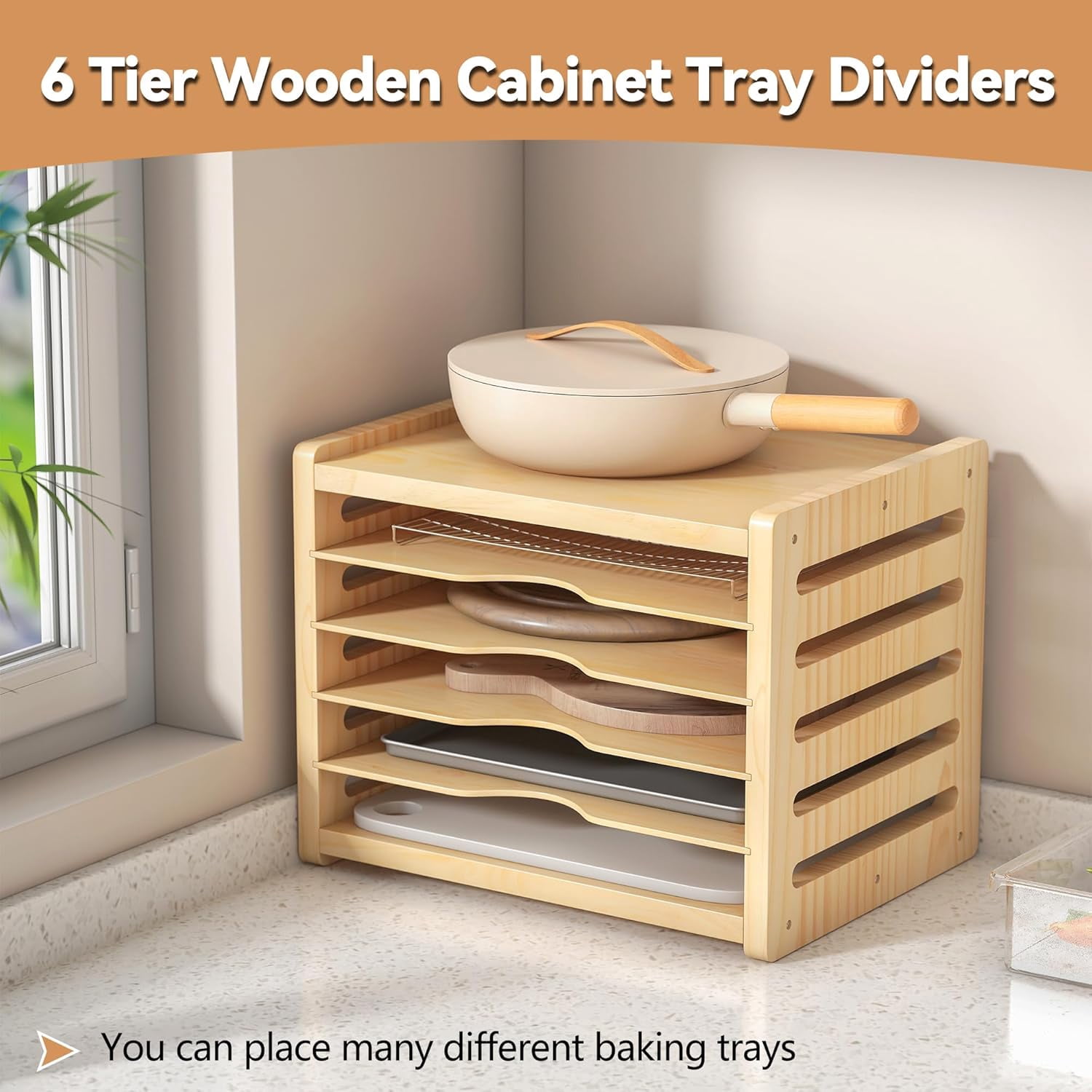 Gtouse Wooden Cabinet Tray Dividers, 6 Tier Kitchen Cookie Sheet Organizer for Pots, Pans, Baking Tray, Cutting Board