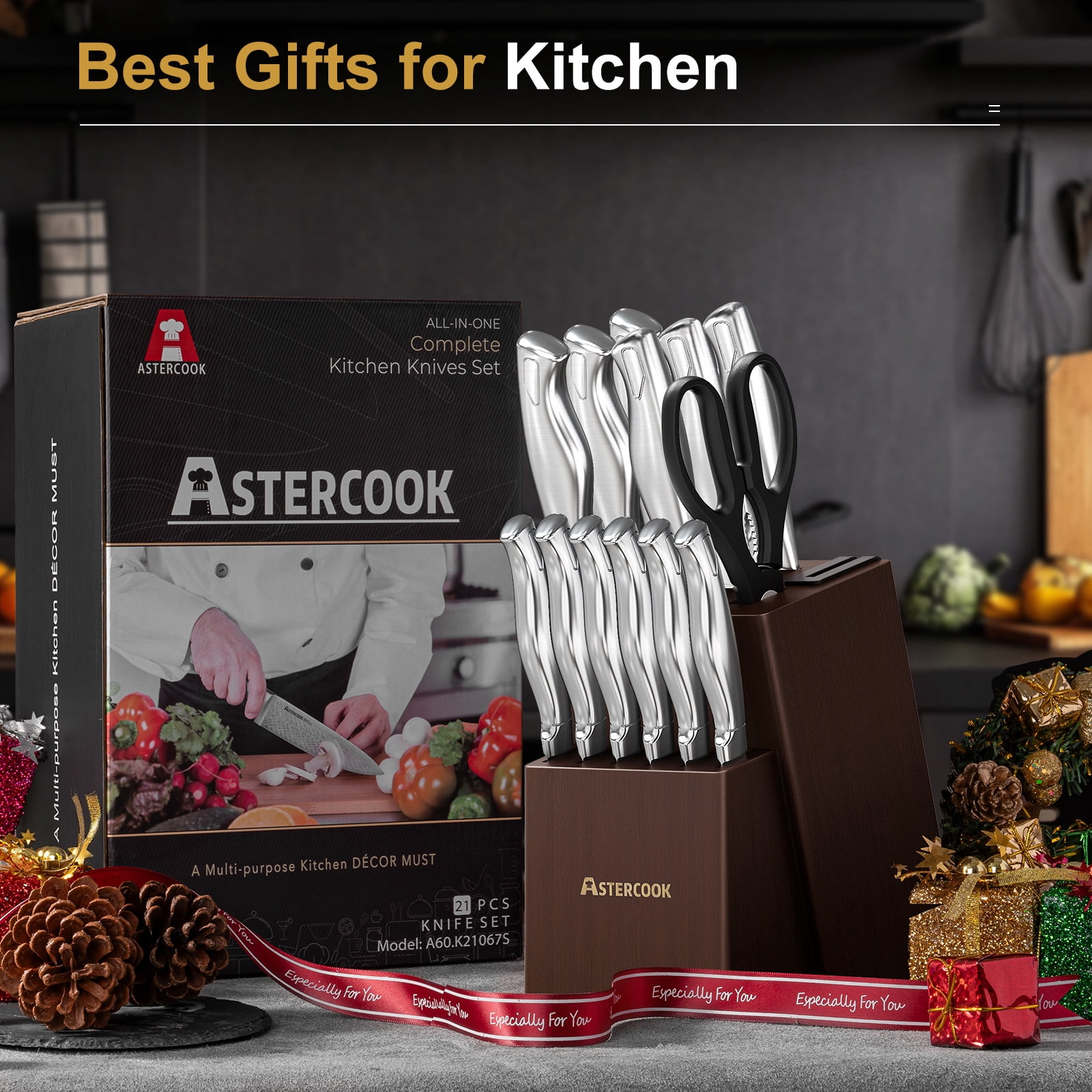 Astercook 14 Piece Kitchen Knife Set with Block and Built-in Sharpener,  Full Tang Knives Sets German Stainless Steel, Dishwasher Safe Silver