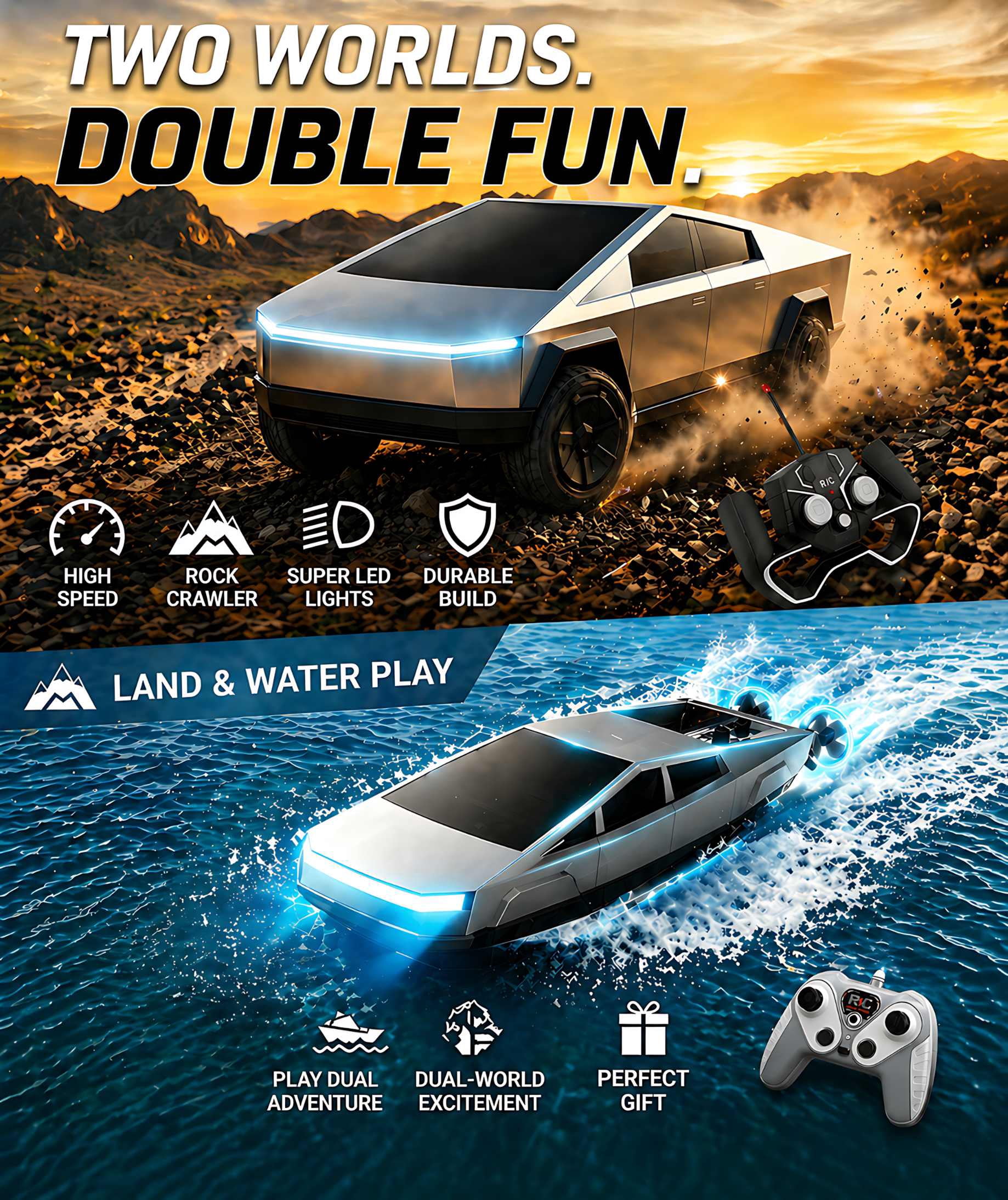 Cybertruck Remote Control Car and Boat Set, 2.4GHz High-Speed RC Watercraft and Truck with Rechargeable Batteries for Kids and Adults