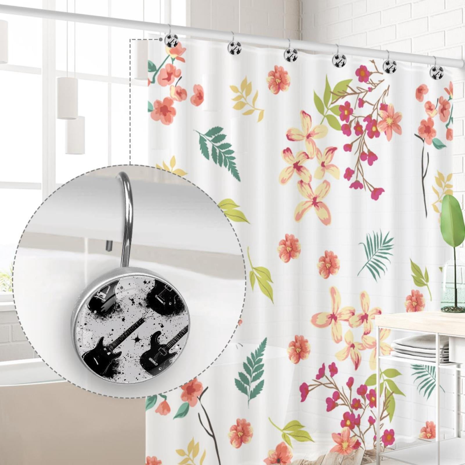 Grunge Guitar Black Splashes Shower Curtain Hooks Round Crystal Glass, Set of 12 Shower Curtain Rings - Shower Hooks for Curtain Shower Rings