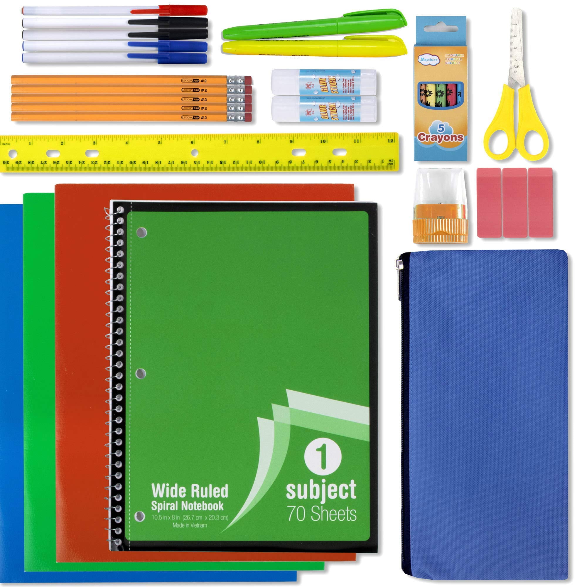 12 Pack of Bulk Wholesale 30 Piece Stationary Kits with 1 Spiral Notebook, 5 Pens, 5 Pencils, 5 Crayons, 3 Folders, 3 Erasers, 1 Ruler, 1 Sharpener & More!