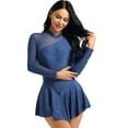 thumbnail image 3 of Zaldita Women's Lyrical Gymnastic Skate Dress Mesh Patchwork Hollow Out Leotard Dresses Navy Blue Medium, 3 of 7