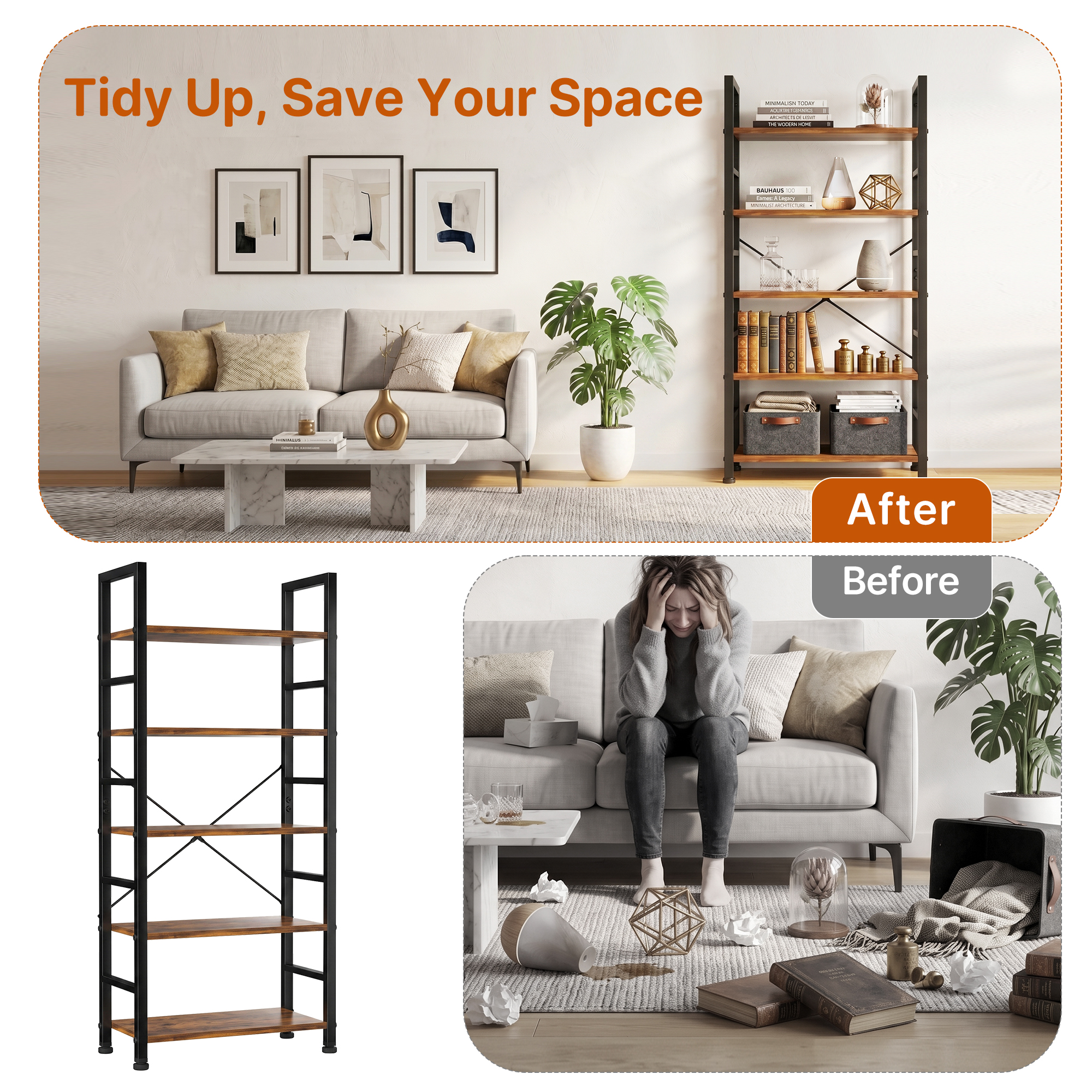 Atilioo 5-Tier Bookcase, 62 Inches Tall, Rustic Brown photo 5