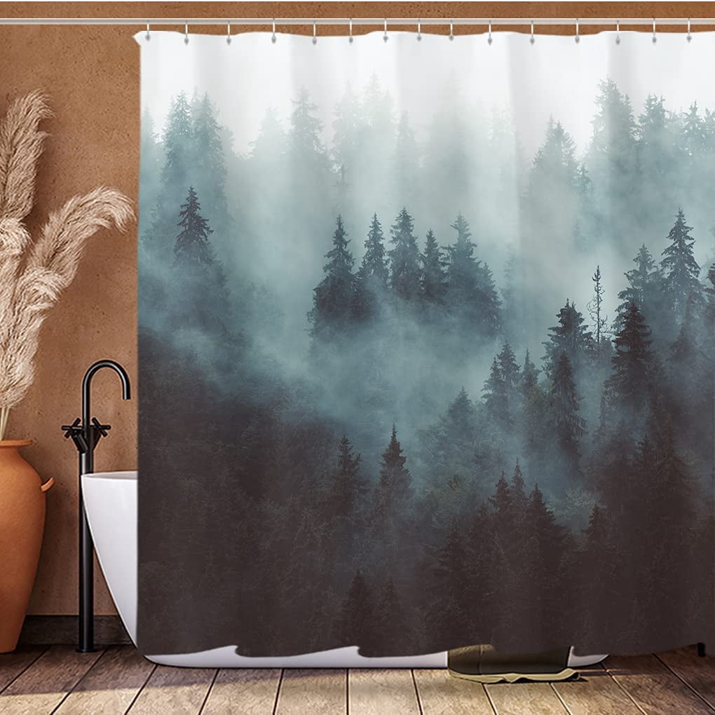 Rustic Mountain Tree Shower Curtain Set, Smokey Mist Forest National Scenery Polyester Waterproof Cloth Bathroom Curtain with 12 Hooks, 72x72 Inches