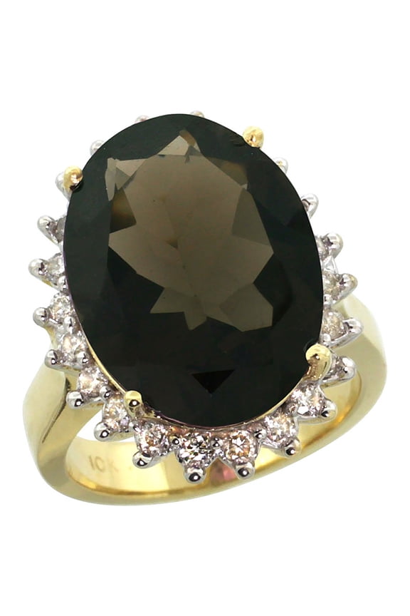 14k Yellow Gold Diamond Halo Natural Smoky Topaz Ring Large Oval 18x13mm, size 10