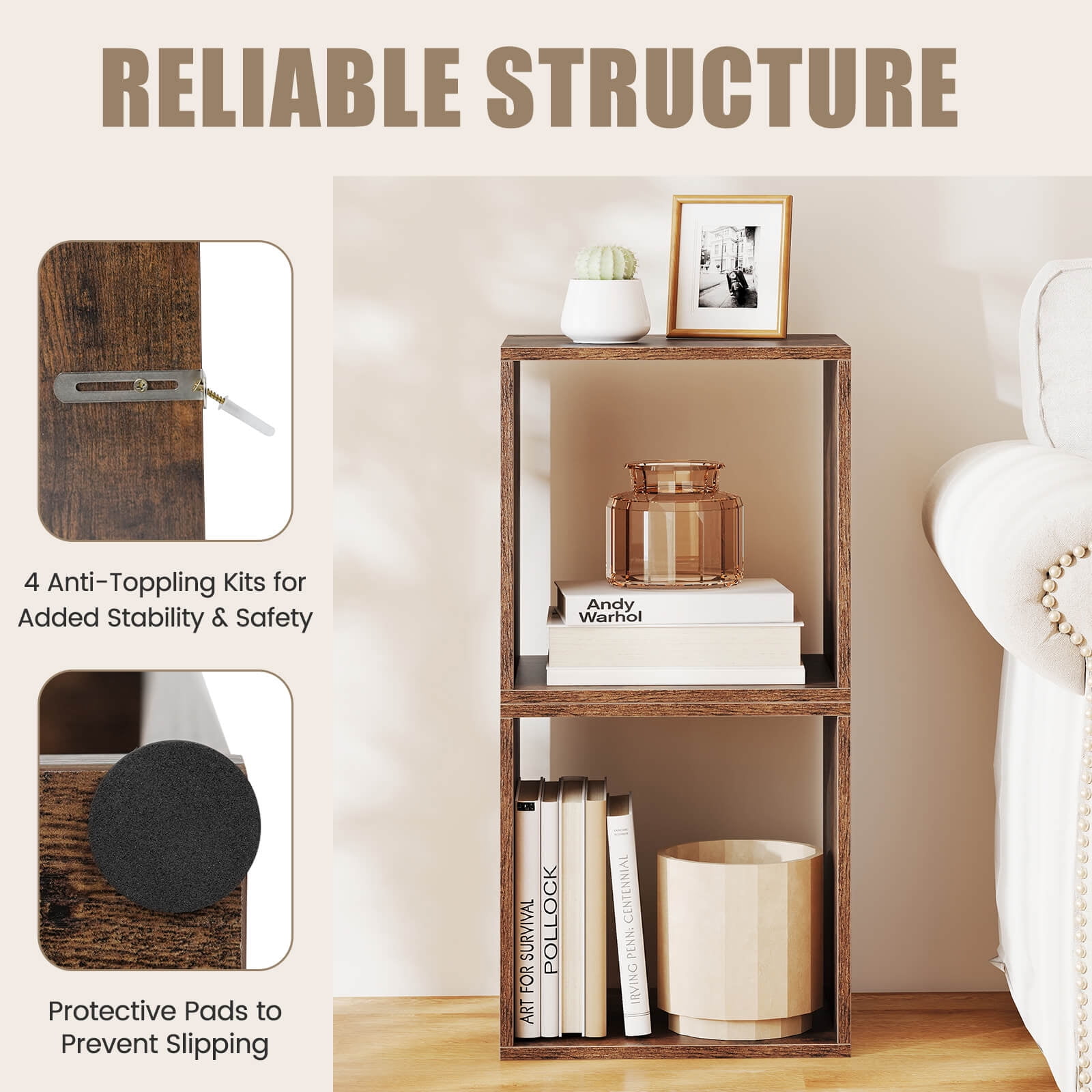 Costway 2 PCS Stackable Storage Cube Free-standing Storage Organizer Bookcase for Bedroom Brown