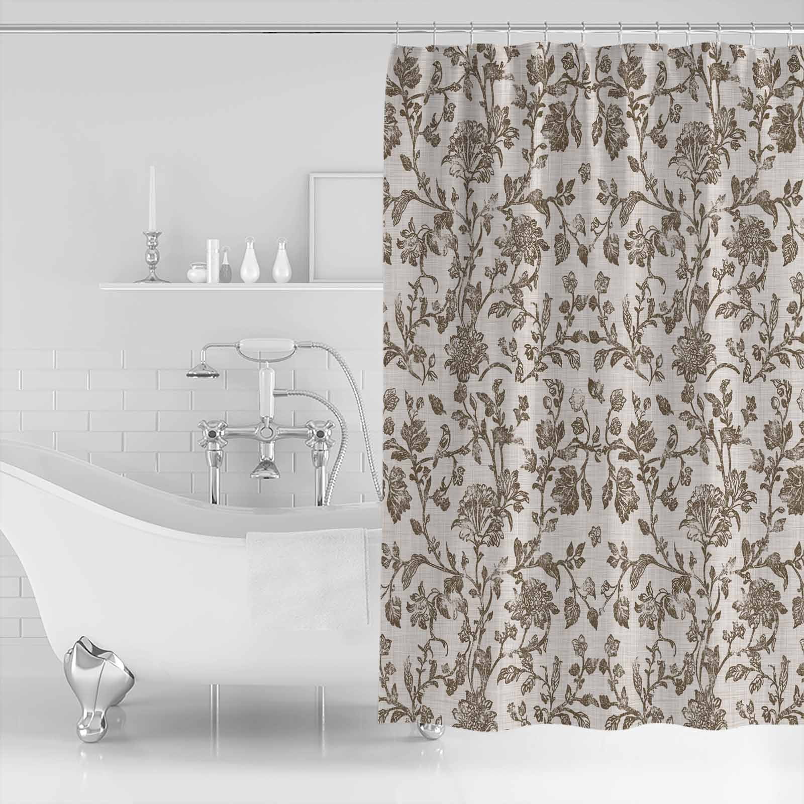 Farmhouse Brown Shower Curtains for Bathroom Waterproof Fabric Bath Curtains Decor Bath Tub Curtain Vintage Flower Leaf Botanical Plant Decorative Shower Curtain Sets with 12 Hooks, 72x72 Inch