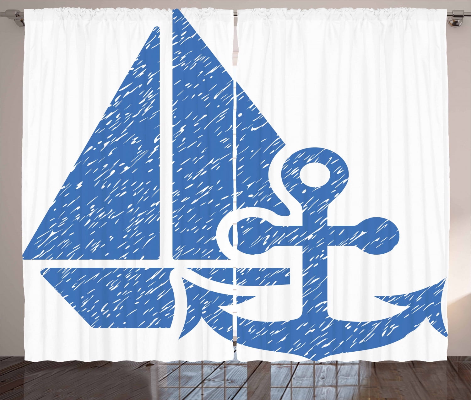 Vintage Blue Curtains 2 Panels Set Marine Themed Anchor And Sailboat With Grungy Design Nautical Print Window Drapes For Living Room Bedroom 108w X