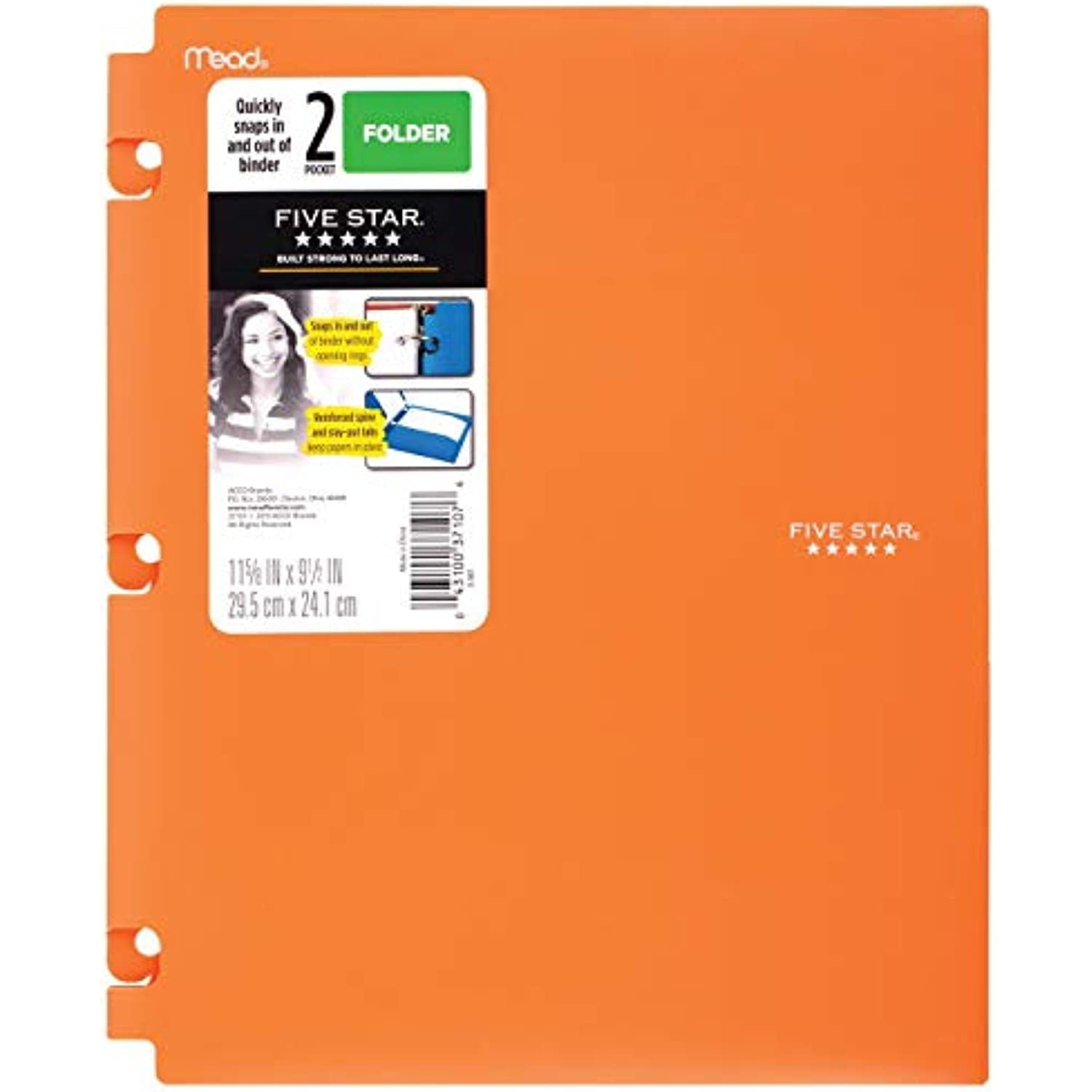 Snap-in Plastic Folder for Binders 2 Pocket - Five Star/Dimensions 9.5'' X11.62'' Sheet Capacity: 120 (Orange)