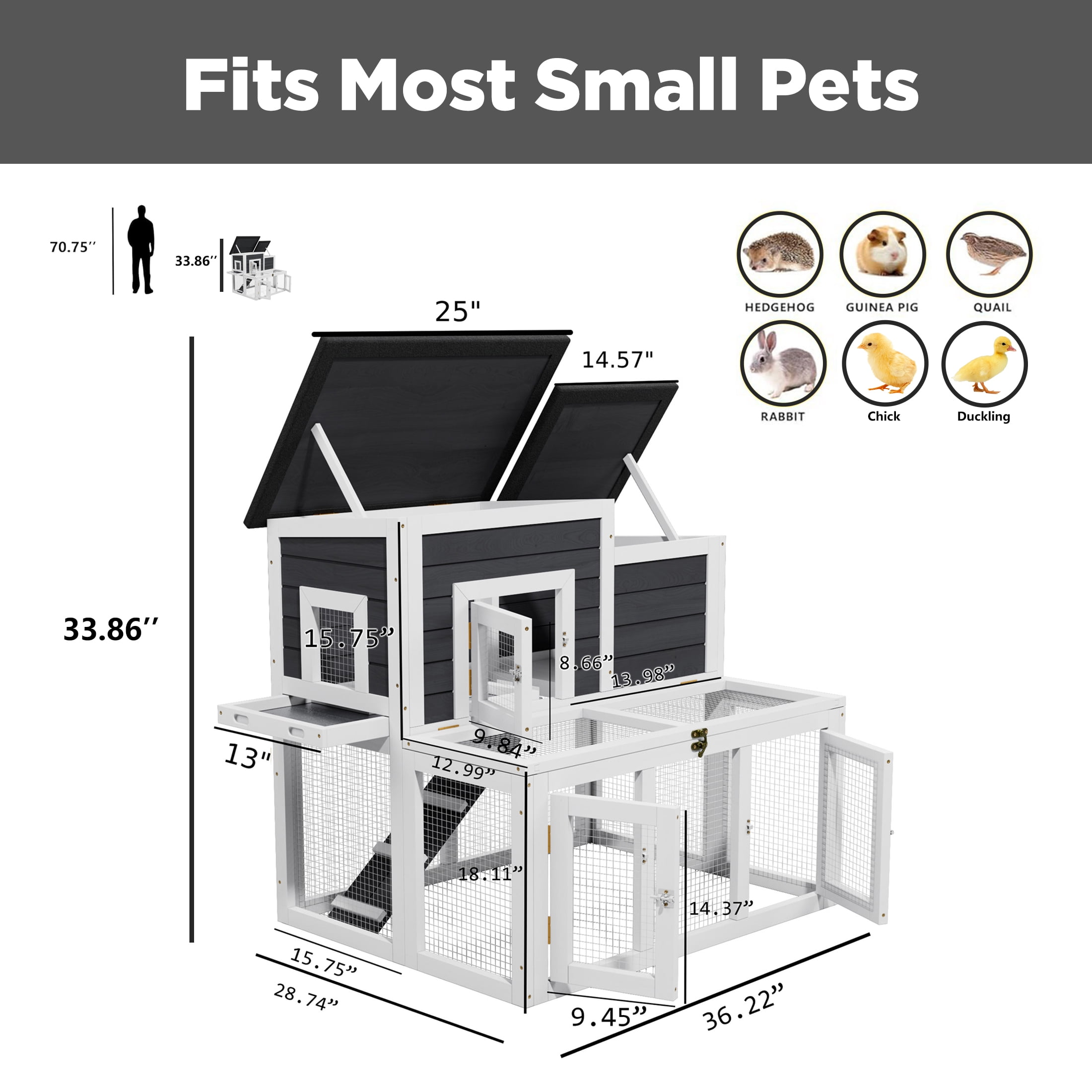 Outdoor 2-Tier 2-Room Quail Hutch with Brooder Box & Activity Area, Openable Asphalt Roof, Black with White