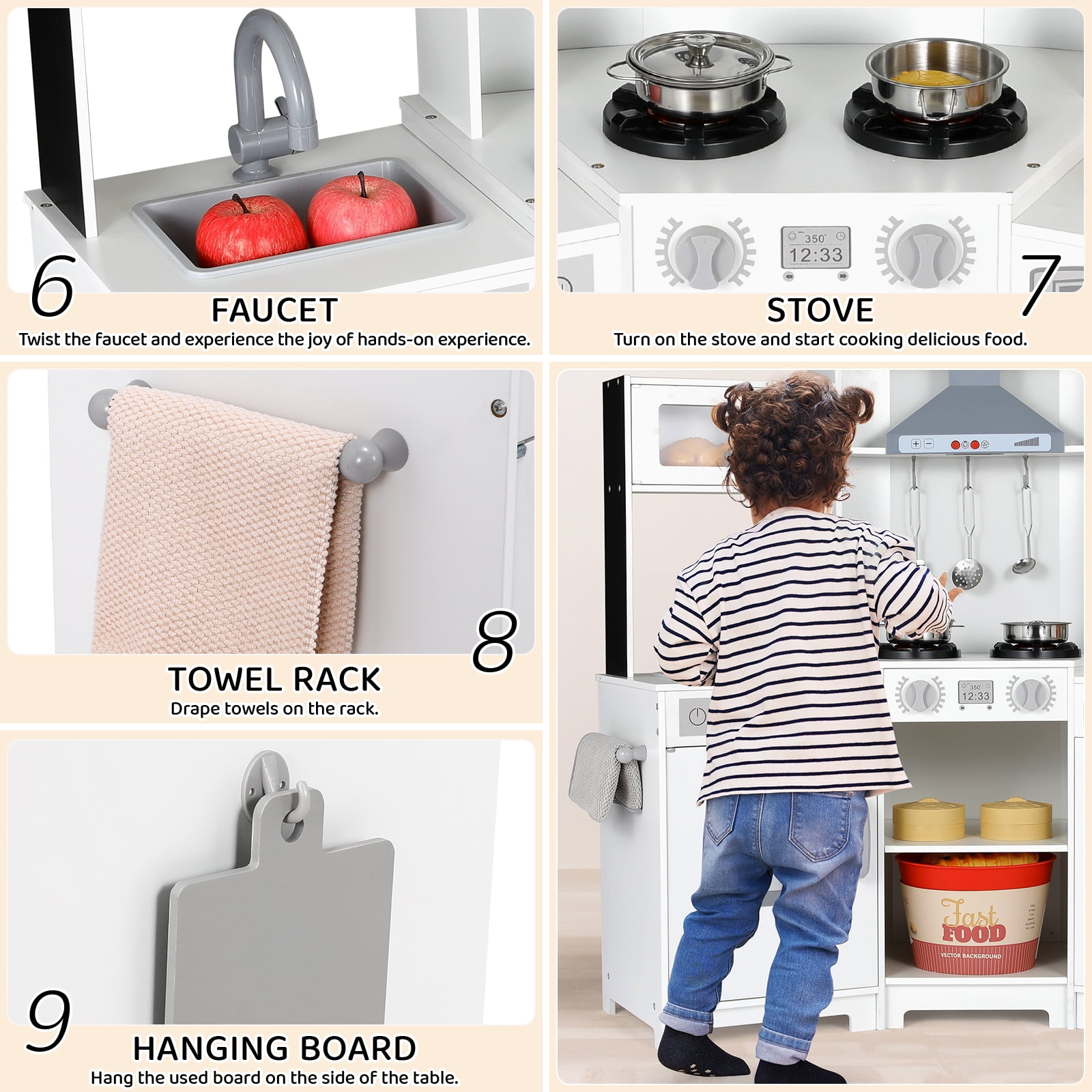 Arlopu Kids Corner Kitchen Playset Wooden Chef Play with Stove, Water Dispenser, Cutting Board