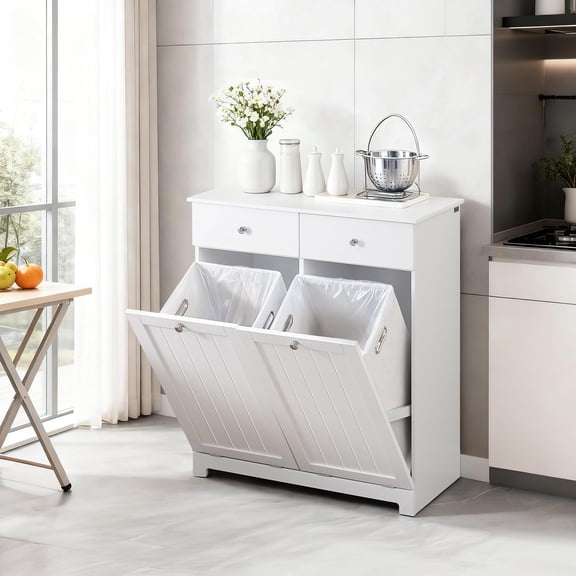 Kitchen Trash Can Cabinet, Double Hidden Tilt Out Trash Bin Storage, Large Sideboard Organizer Hutch, Modern Farmhouse Storage Cabinet For Dining Room Kitchen, White