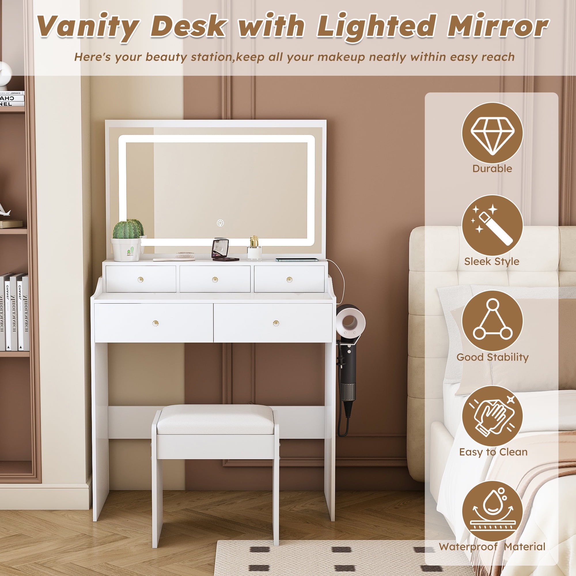 Jopath Large Makeup Vanity Set,Modern Mirror Vanity Desk with 5 Drawers,3 Lighting Color Adjustable Dressing Table for Bedroom,White