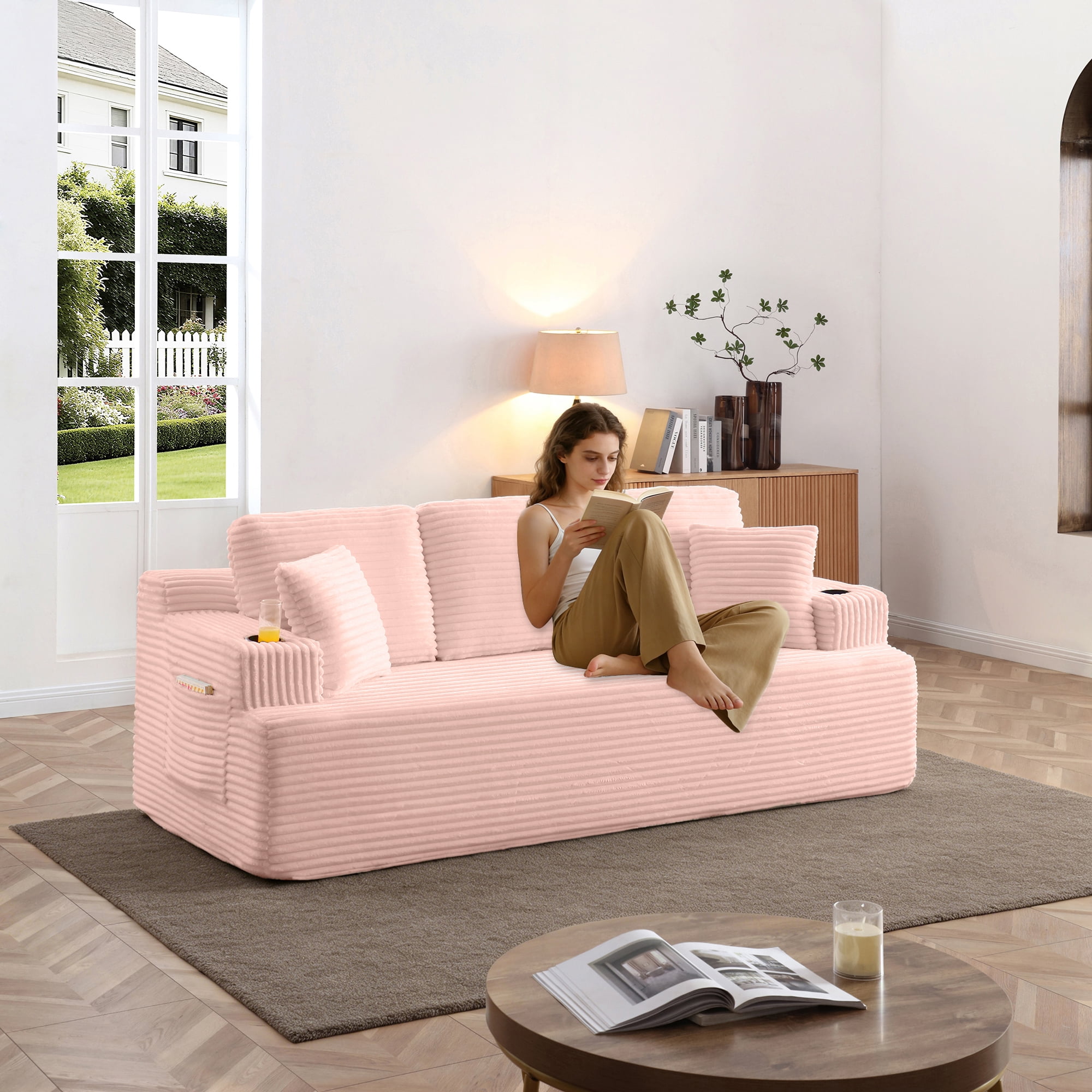 Miniyam 3-Seats Cloud Couch Corduroy Sofa, Boneless Floor Couch No Assembly, with Cup Holders & Side Pockets for Living Room (Pink)