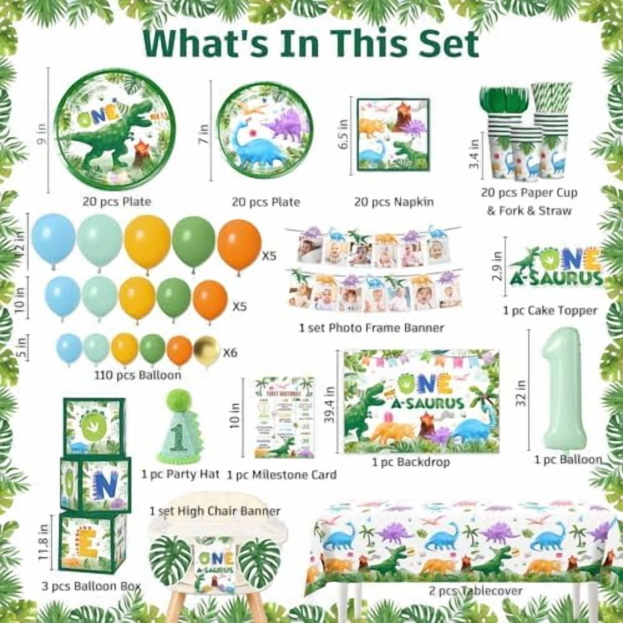 242Pcs One a Saurus Birthday Decorations Serves 20 Guests, One-stop Dinosaur 1st Party Pack with Plates, Party Hat, Backdrop, Tablecloth, Balloon Arch for 1st Birthday Decorations Boy