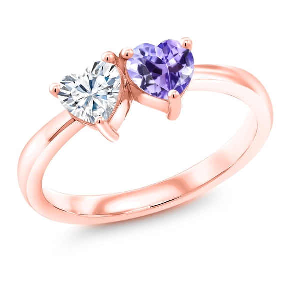Gem Stone King 18K Rose Gold Plated Silver Blue Tanzanite Ring Set with Moissanite (0.92 Cttw) (Size 9)