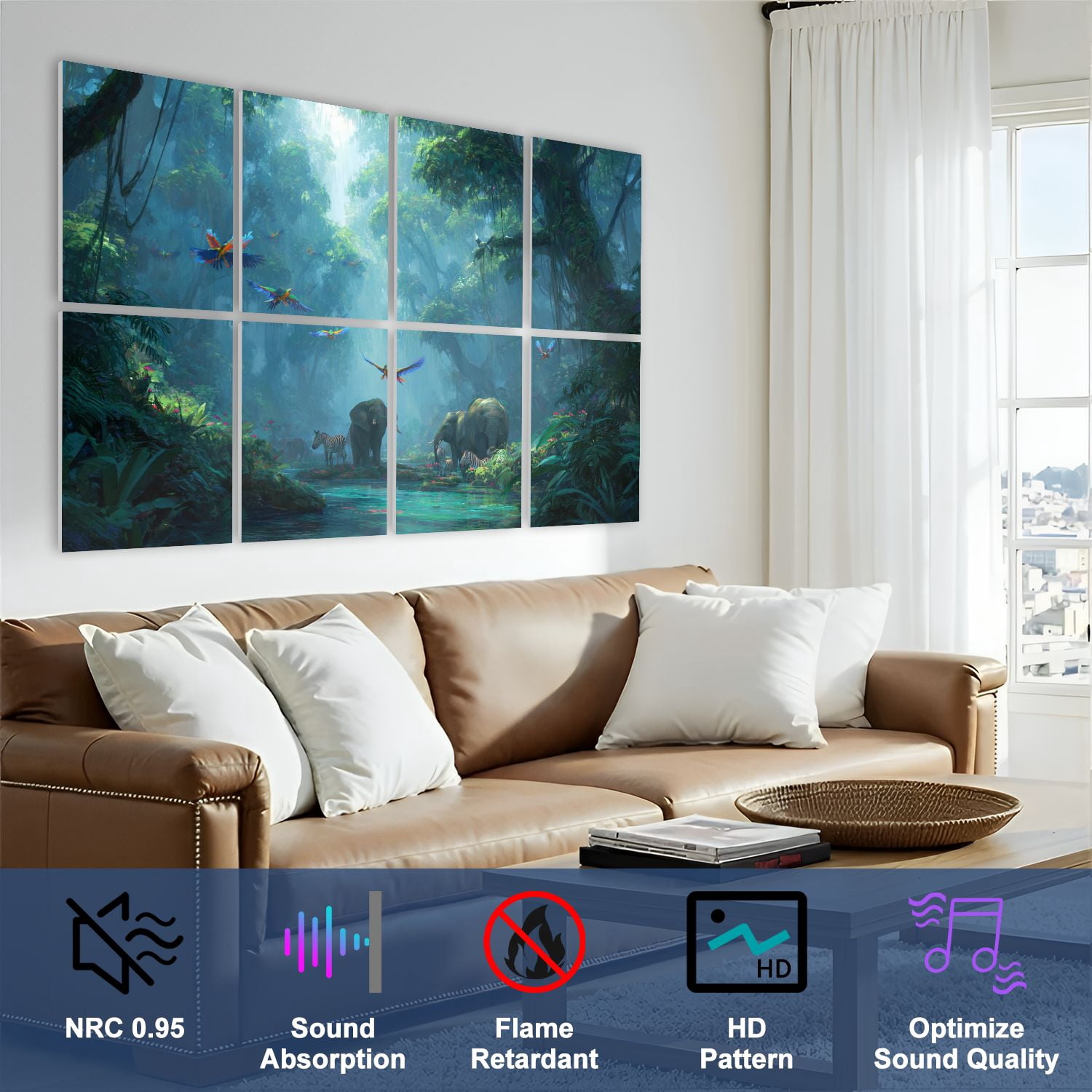 8 Pack Art Acoustic Panels Sound Absorbing Misty Jungle Stream Zebras Sunlight Rays Decorative Soundproof Wall Panels Self Adhesive for Nursery Game Room Bedroom 48"x32"