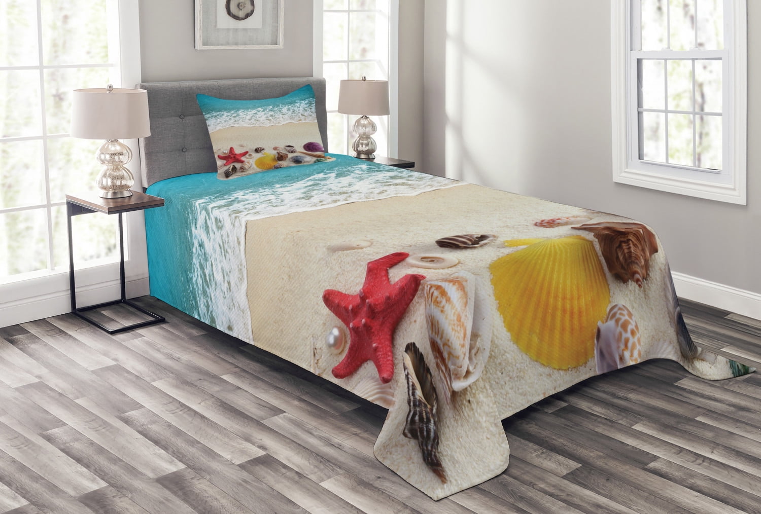 Beach Bedspread Set, Sea Shells on Sandy Coast Tropical Island Shore Summertime Travel Vacation