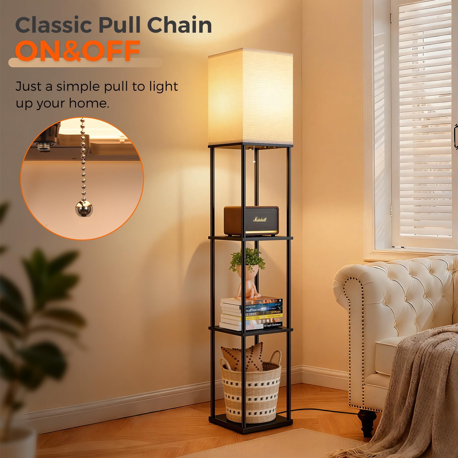 Black Square 3-tier Shelf Floor Lamp For Living Room Bedroom Corner