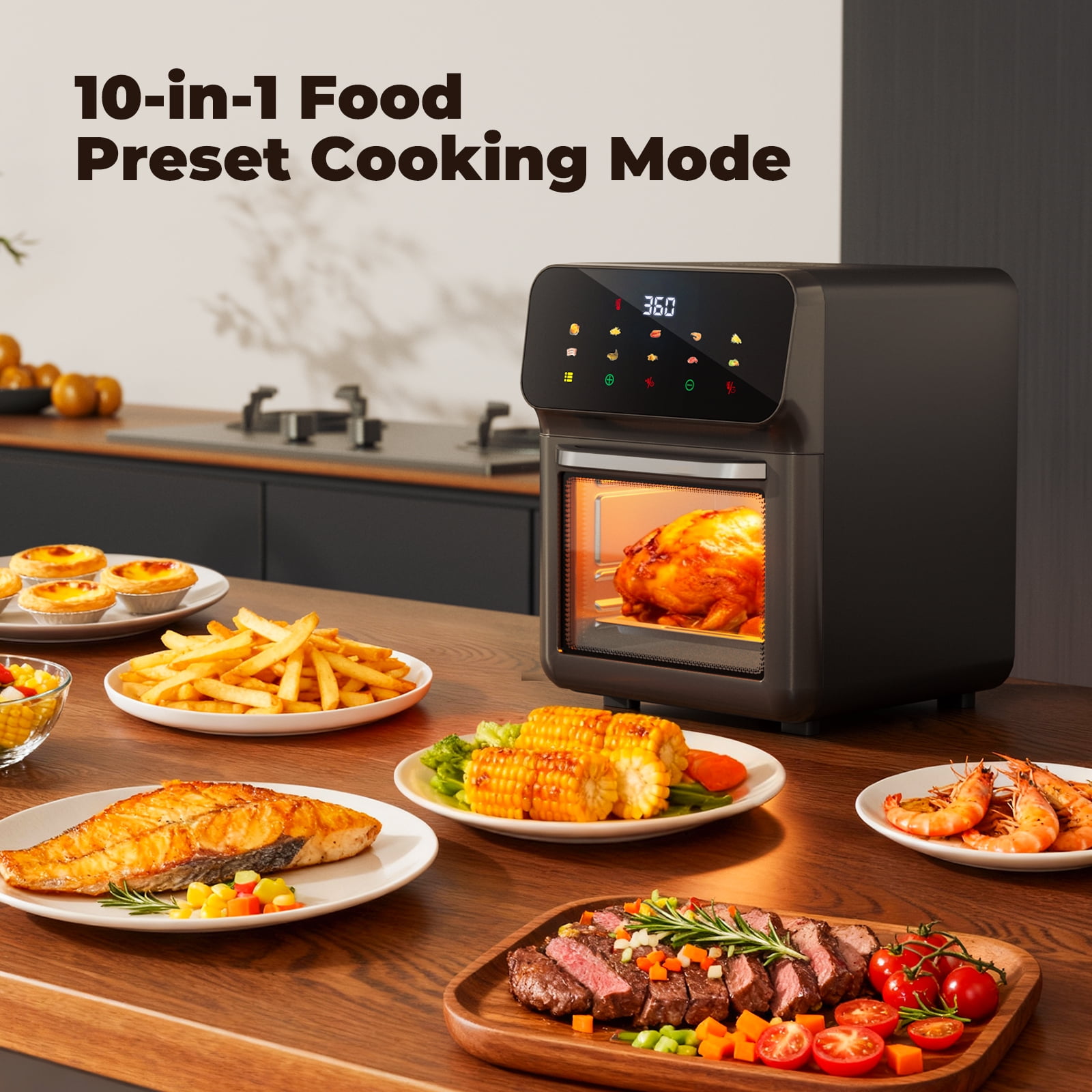10QT Air Fryer, Toaster Oven with 10 Preset Cooking Mode, Bake, Roast, Reheat, Broiler, Dehydrate, LED Digital Color Display and Visible Window