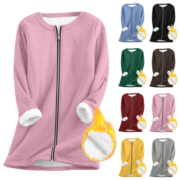 TKLPEHG Fleece Jacket Women Full Zip Warm Winter Sherpa Lined Jackets Winter Warm Coats Long Sleeve Coat Outerwear (Black,L)