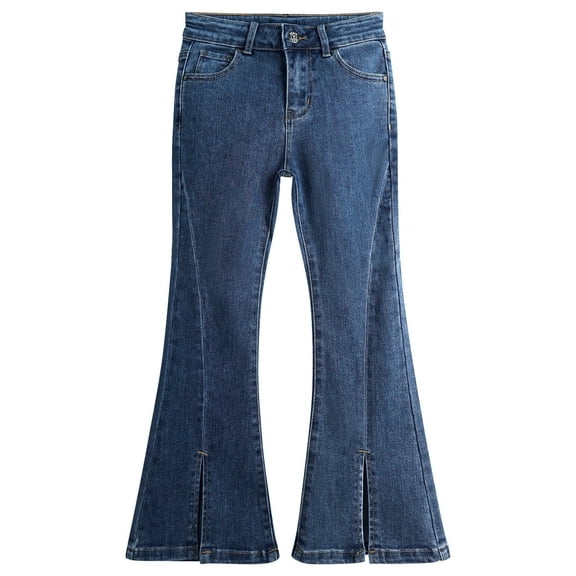KIDSCOOL SPACE Girls Jeans, Big Little Kids Girl Elastic Waistband Inside High Stretch Denim Flared Pants,Mid Blue, 8-9 Years